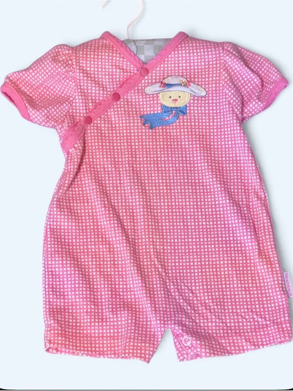 Vintage 90’s  cottagecore healthtex Pink Gingham Romper bear with Hat Appliqué.